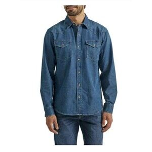 Wrangler Shirt Mens Small Blue Relaxed Fit Soft Denim Flex Long Sleeve Button Up
